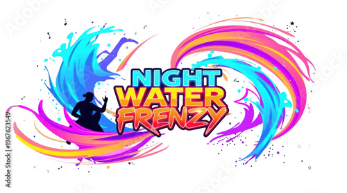Night Water Frenzy Colorful Graphic Illustration with Dynamic Waves and a Dancing Silhouette