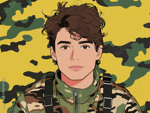 Young person in military style clothing with camouflage background looking directly at the viewer during daytime activity