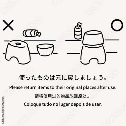 入浴マナー 使ったものは元に戻す 多言語案内イラスト 温泉 銭湯 Bathhouse Etiquette Return items to original places multilingual illustration Onsen Sento rules