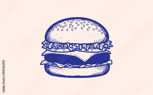 Hand drawn blue ink sketch of a hamburger with lettuce cheese and bun on a pale background, appetizing food illustration.