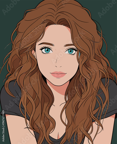 Woman with curly brown hair and blue eyes sitting against a dark background while looking directly at the viewer