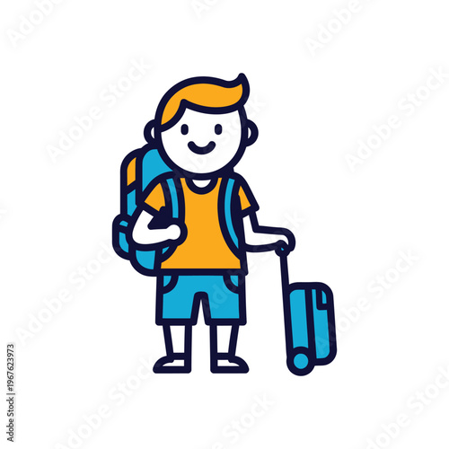 Happy young traveler man with backpack pulling suitcase ready for vacation adventure journey exploring world with smile.