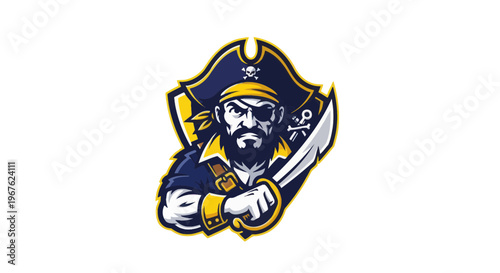 Pirate Mascot Emblem with Sword and Eyepatch - Bold Nautical Design