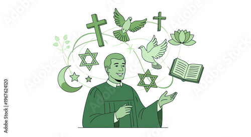 Man surrounded by religious symbols, representing diversity of faith and spirituality