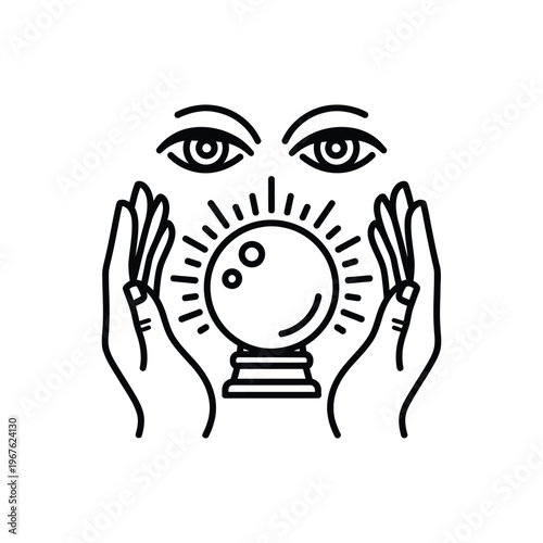 Mysterious fortune teller hands holding glowing crystal ball with intense watchful eyes looking down predicting future.