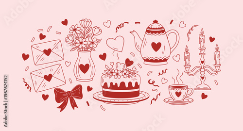 Romantic valentine elements arranged on pink background teapot cake envelopes flowers candelabra candle lit cup of coffee bow heart shapes confetti streamers for love celebration.