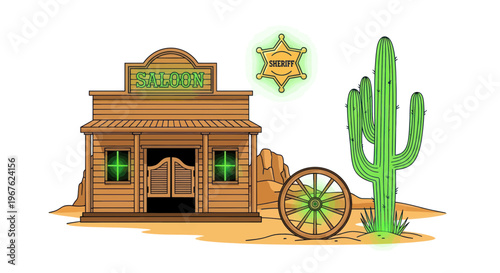 Wild West Saloon Scene with Cactus, Wagon Wheel, and Sheriff Star
