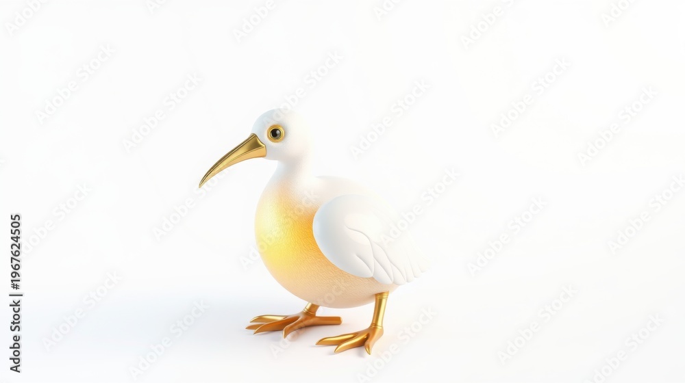 Fototapeta premium Stylized bird figure. Golden beak, feet. White body transitions to yellow. Clean background, simple design.