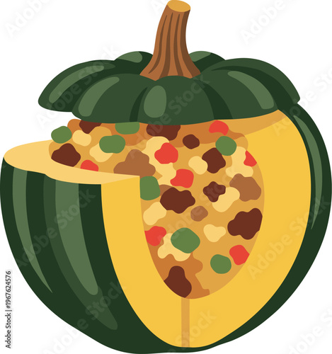 An acorn squash cut open and filled with savory stuffing ingredients