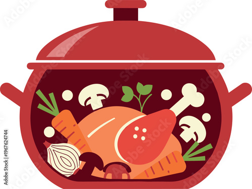 A red cooking pot filled with chicken and vegetables underneath the lid