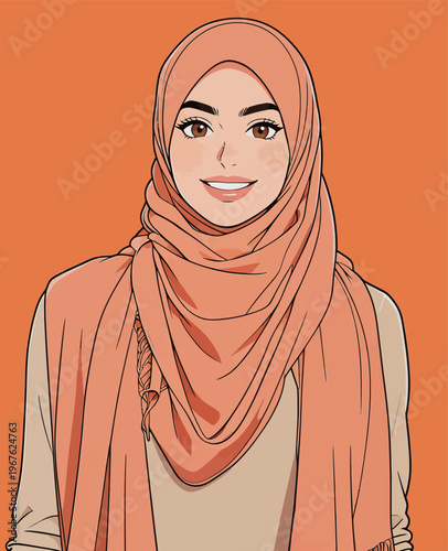 Portrait of a woman in hijab with an orange background showing a friendly expression