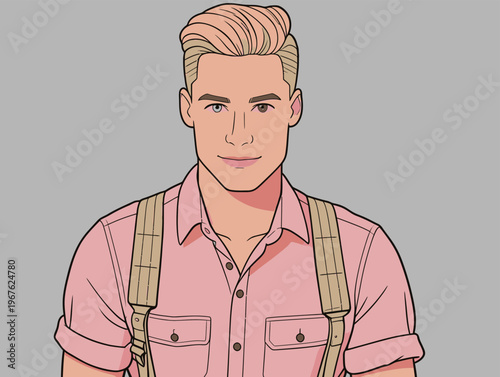 Young man with light hair wearing pink shirt and suspenders stands against simple gray background while looking directly at viewer