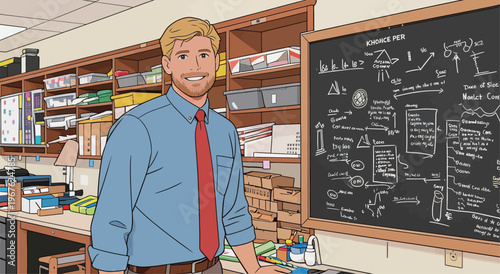 Teacher stands in classroom with chalkboard filled with notes and diagrams at school in daytime