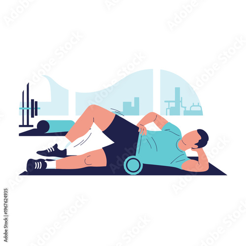 Man performing self-massage on his thigh using a foam roller, demonstrating a recovery exercise for athletes and fitness enthusiasts