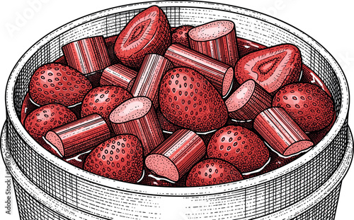 A vibrant illustration of a bucket filled with fresh strawberries and rhubarb