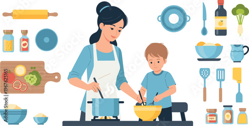 A woman and a child cooking together in a kitchen with various utensils and ingredients