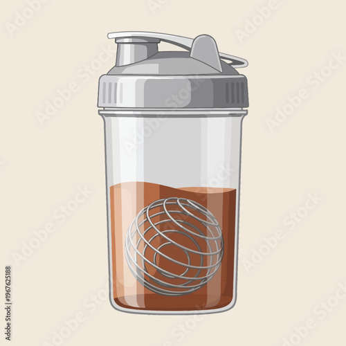 Illustration of a protein shaker bottle with a mixing ball, containing a nutritional shake ideal for fitness enthusiasts and active lifestyles