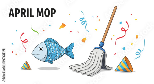 A whimsical illustration for April Fools Day, featuring an 'April Mop' theme with a humorous fish and a festive mop amidst a celebration of colorful confetti and party hats