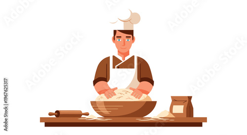 A cartoon chef kneading dough in a large wooden bowl on a table