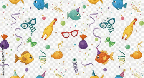 Whimsical Seamless Pattern for April Fools Day Celebration, Featuring Humorous Elements and Party Favors, Perfect for an April Mop Event