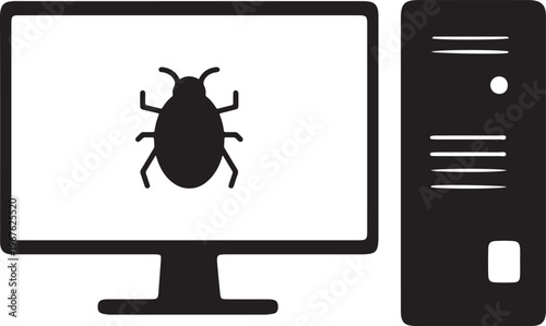 Computer bug illustration on monitor and tower