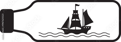 Ship in a bottle graphic illustration black and white
