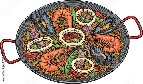 A vibrant and colorful illustration of a traditional Spanish paella dish
