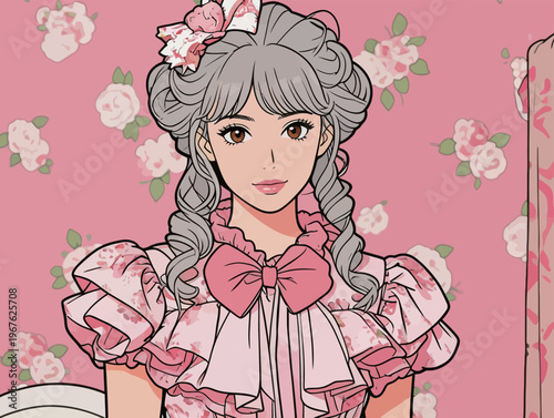 Young woman in a pink dress with ruffles stands in a room with floral wallpaper and bows in her hair in a light setting