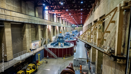 Hoover Boulder Dam in Nevada and Arizona looking at the Generators Turbines making hydropower electricity from the falling water for hydropower
