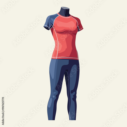 Illustration of a red and blue full-body athletic outfit on a mannequin, perfect for sports or gym activities