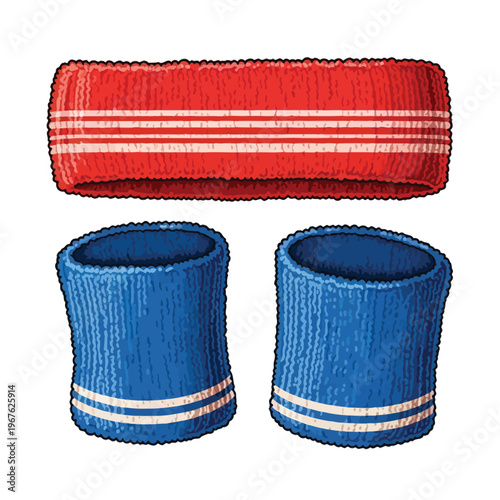 Classic knitted sports accessories featuring a vibrant red striped headband and matching blue striped wristbands, perfect for active lifestyles and retro athletic themes