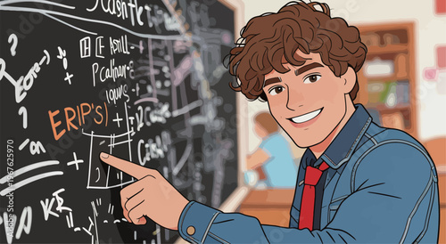 Student explains math concepts in classroom with chalkboard full of equations