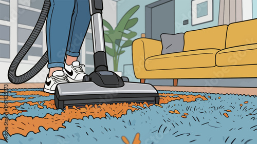 Person uses a vacuum cleaner on a colorful rug in a living room during the day while cleaning the space