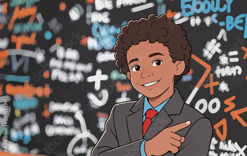 Young boy in a suit points at a blackboard filled with colorful math equations and symbols in a classroom setting