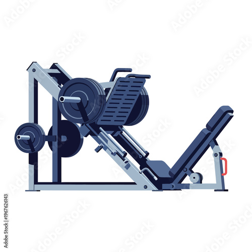 A realistic illustration of a leg press machine designed for weightlifting and muscle building exercises in fitness centers