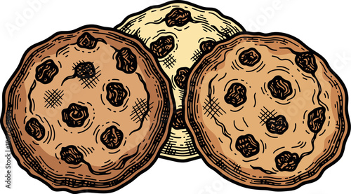 An illustration of three delicious chocolate chip cookies on a plain background