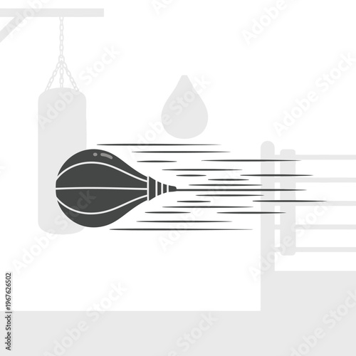 Boxing speed bag in motion with motion lines, punching bag, and boxing ring in the background, emphasizing agility and training