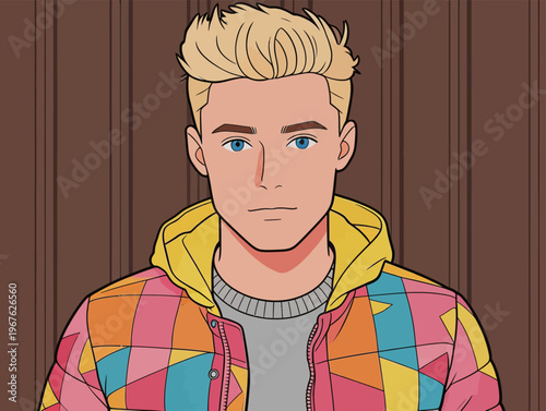 Young person stands in front of brown wooden wall wearing colorful jacket and looking directly at the viewer with a serious expression