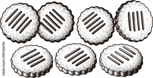 An illustration of seven metal pie crusts with decorative edges and ventilation slits