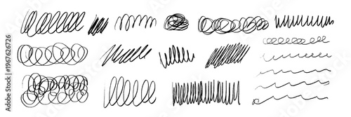Scribble pencil brush for line pen crayon and texture scratch stroke. Doodle paint chalk for charcoal squiggle marker and thin mark effect. Vector bold flourish for hand abstract elements.