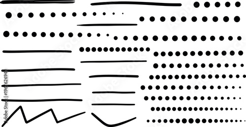 A collection of various black lines and dots on a white background for design