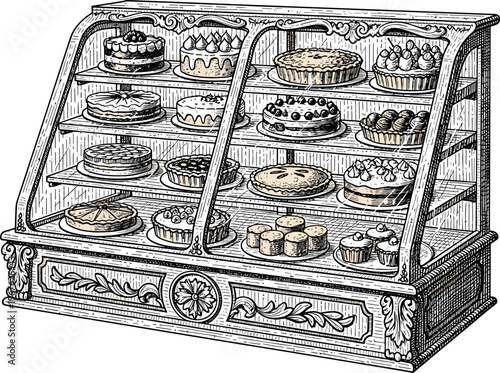 An ornate bakery display case filled with various sweet pastries and cakes