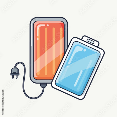 Illustration of a portable power bank next to a charger, symbolizing energy storage and mobile device charging