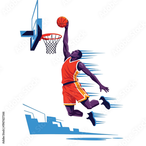 Dynamic Basketball Player's Powerful Slam Dunk, Capturing Athletic Skill and High-Energy Movement on the Court, an Illustrated Representation of Competitive Sports Excellence