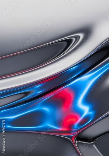 An ultra-detailed chrome silver surface captures vivid reflections of electric blue and crimson light, creating a dynamic, abstract vision, curve, electric blue, holographic