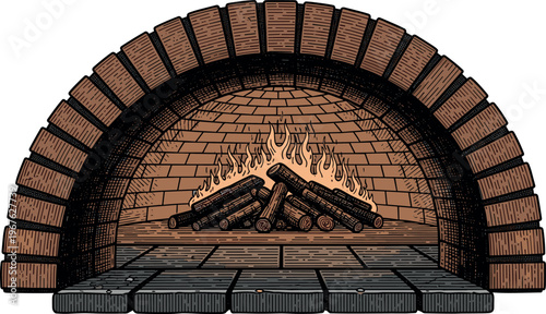 A cozy brick fireplace with a warm fire burning inside