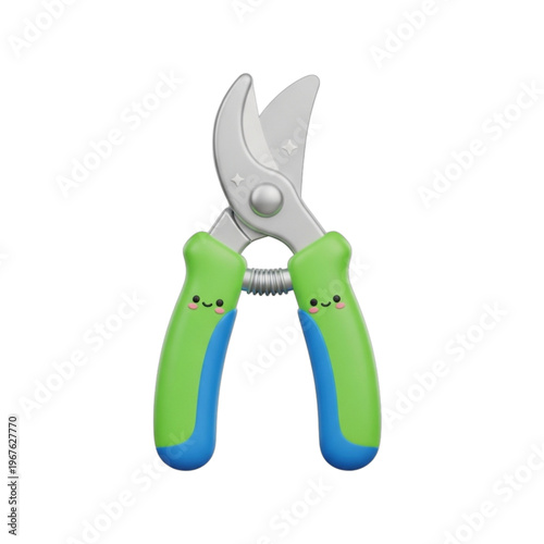 Charming 3D Rendered Gardening Shears Illustration with Friendly Faces and Vibrant Colors