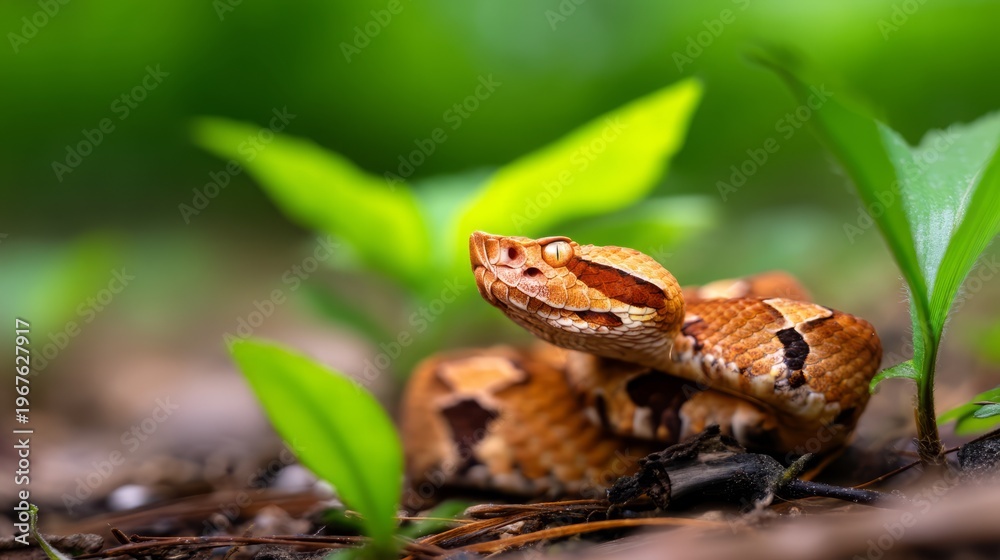 Fototapeta premium Captivating Close-Up of Venomous Copperhead Snake Among Lush Greenery