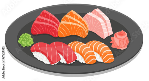 A delicious platter of fresh Japanese sushi and sashimi with ginger and wasabi.