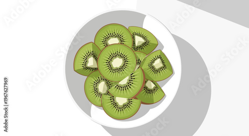 Fresh kiwi slices in a white bowl on a bright background.